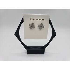 **SOLD** Tory Burch Kira Clover Pave Silver Tone Stud Earrings NWOT